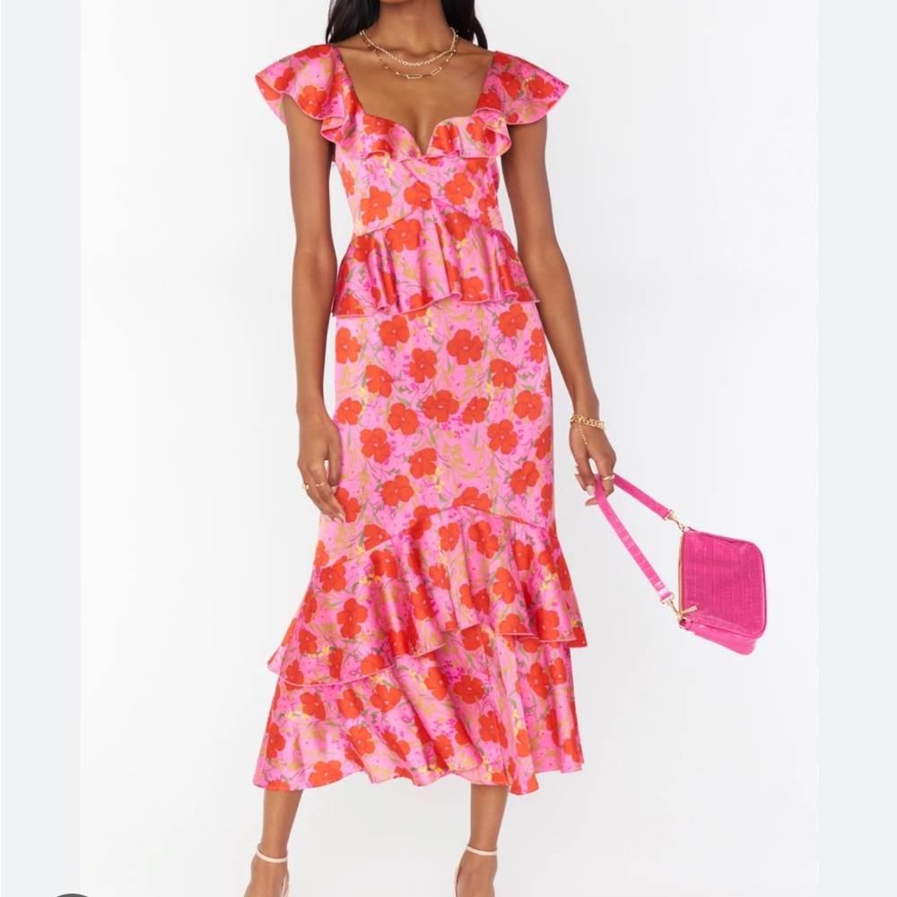 Show Me Your MuMu Pink and Red Floral Reese Ruffle Midi Dress